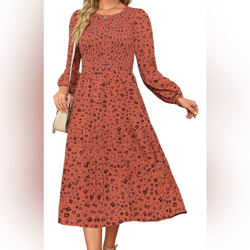 Ellakoko Smocked Floral Rust Dress